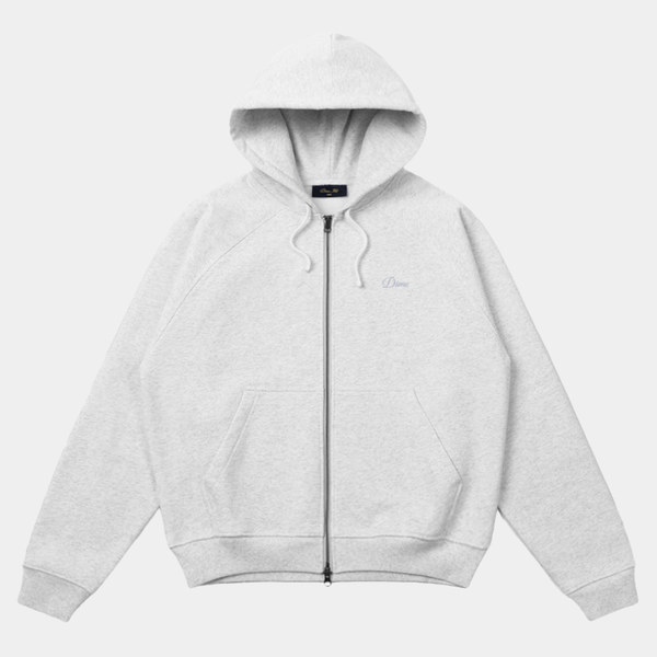 DIME CURSIVE SMALL LOGO ZIP HOODIE - ASH/WHITE