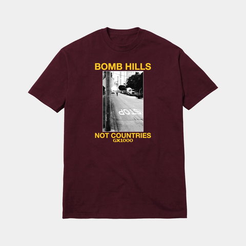 GX1000 BOMB HILLS NOT COUNTRIES TEE - BURGUNDY/YELLOW
