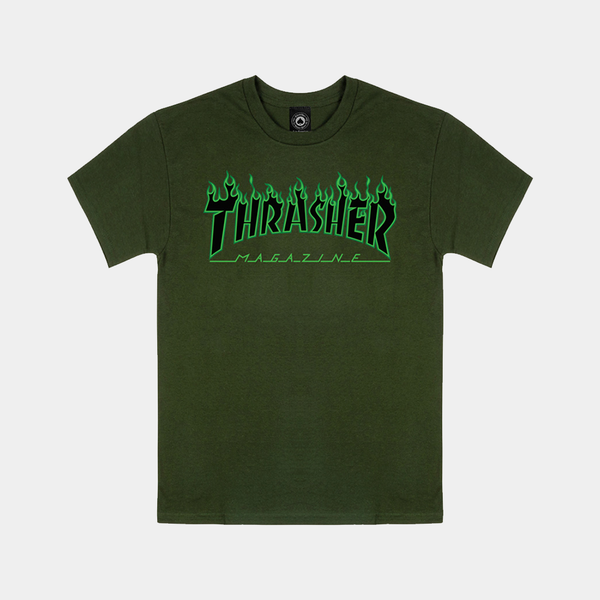 THRASHER FLAME TEE - FOREST GREEN