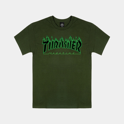 THRASHER FLAME TEE - FOREST GREEN
